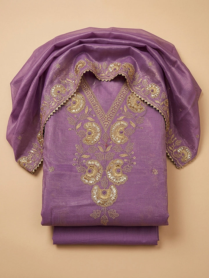 Purple Embroidery Chanderi Unstitched Dress Material