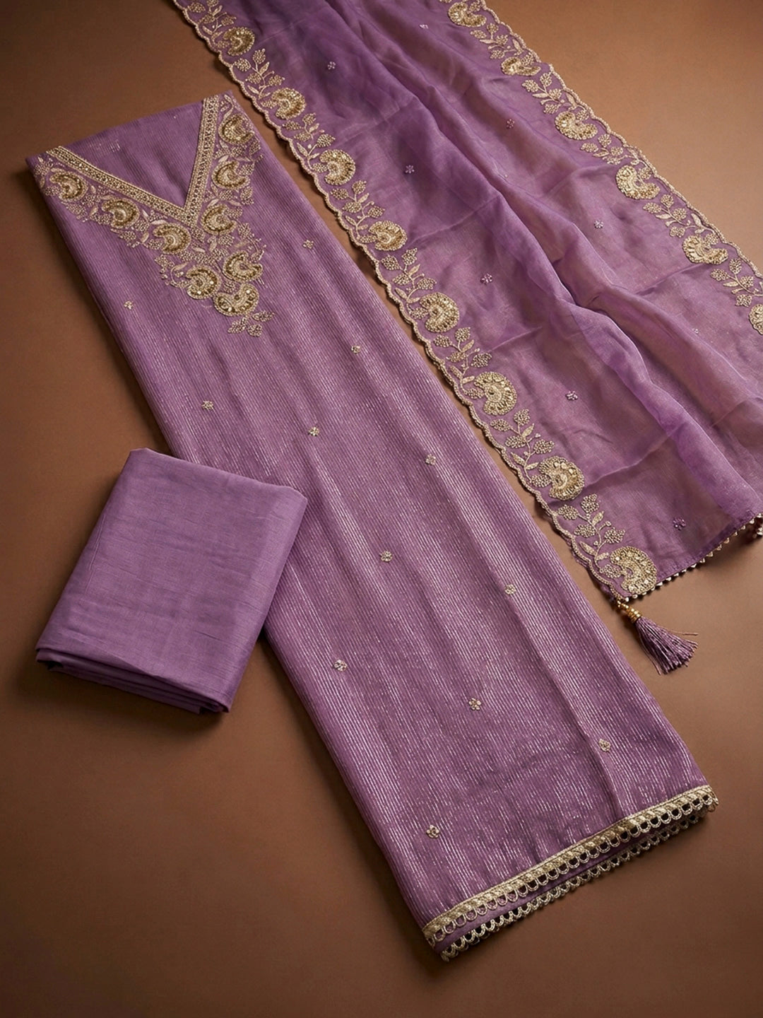 Purple Embroidery Chanderi Unstitched Dress Material