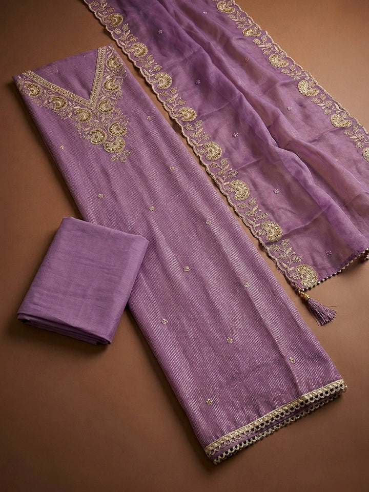 Purple Embroidery Chanderi Unstitched Dress Material