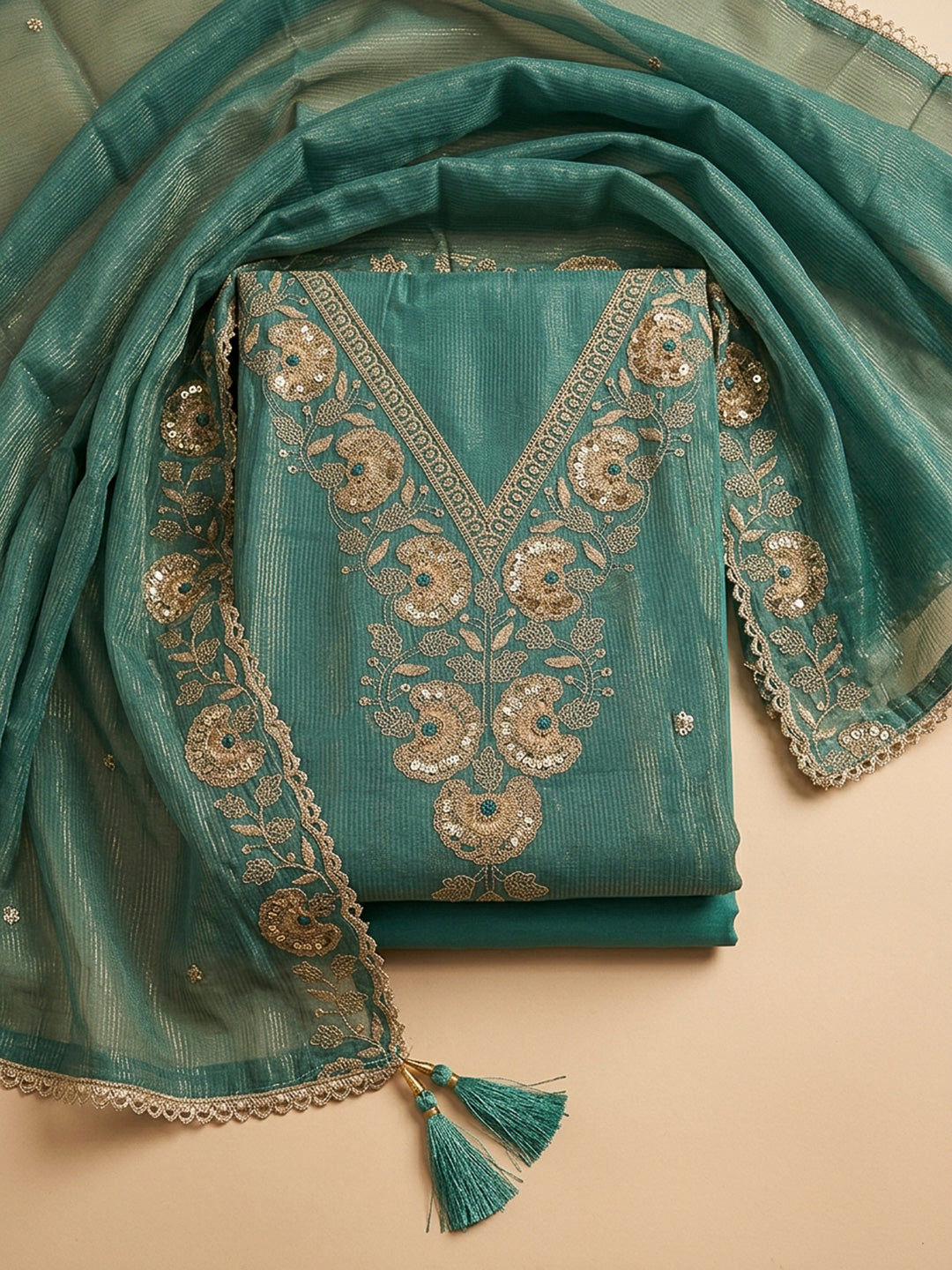 Rama Green Embroidery Chanderi Unstitched Dress Material