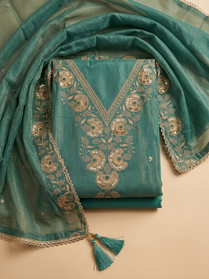 Rama Green Embroidery Chanderi Unstitched Dress Material