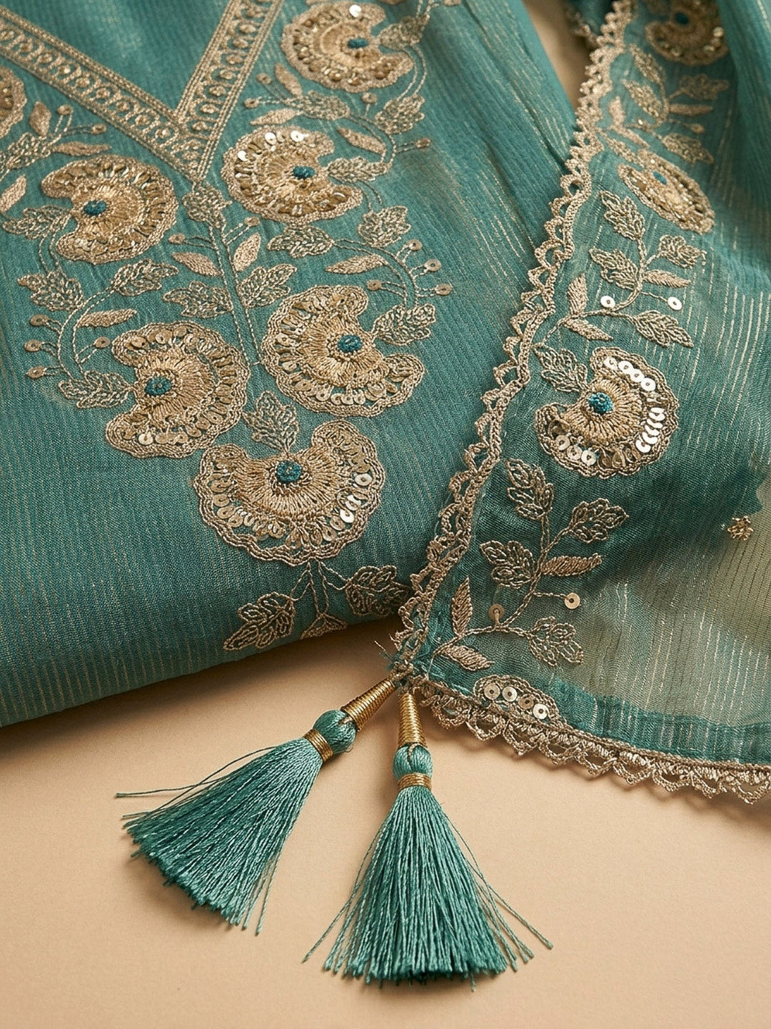 Rama Green Embroidery Chanderi Unstitched Dress Material