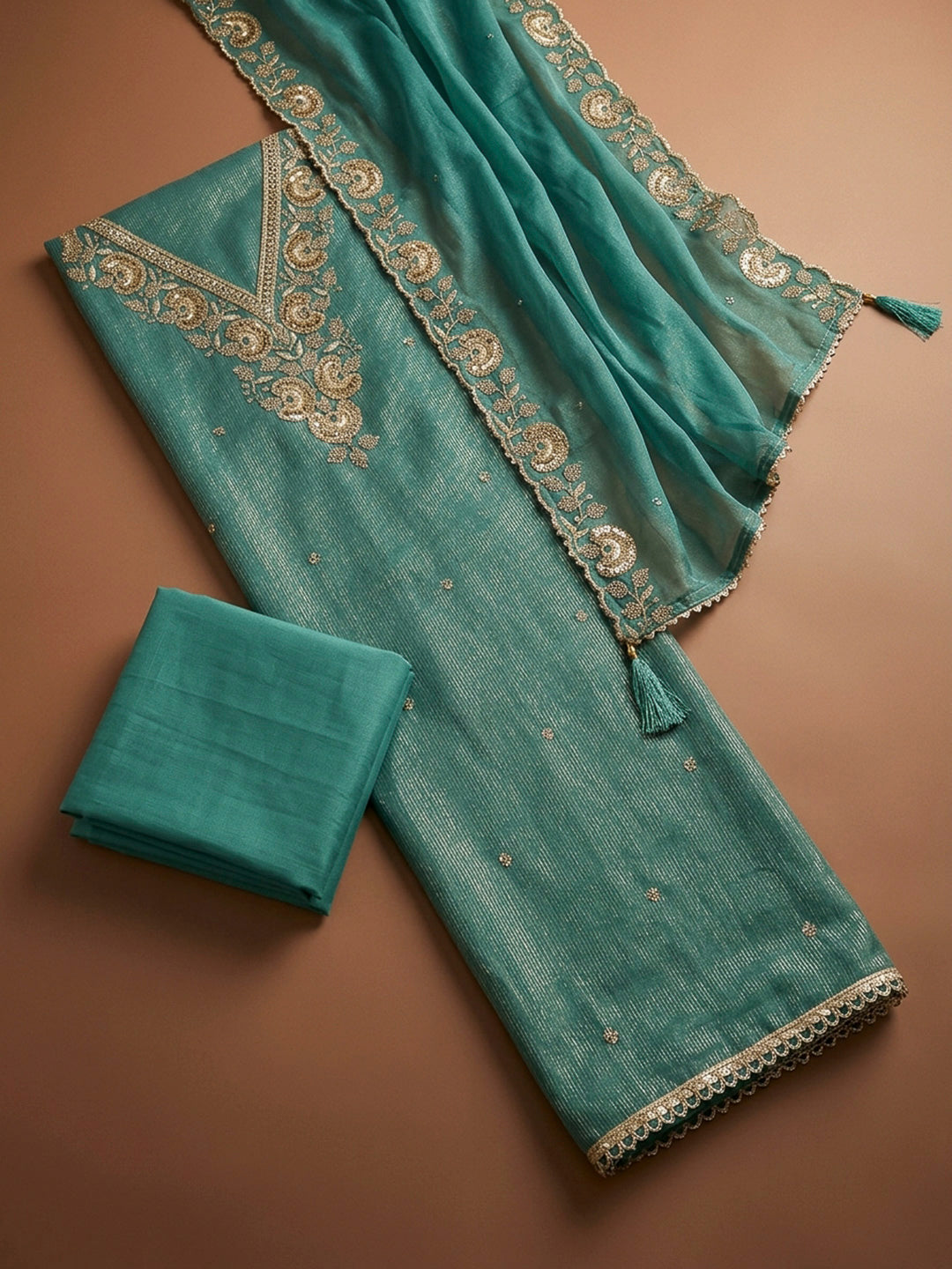 Rama Green Embroidery Chanderi Unstitched Dress Material