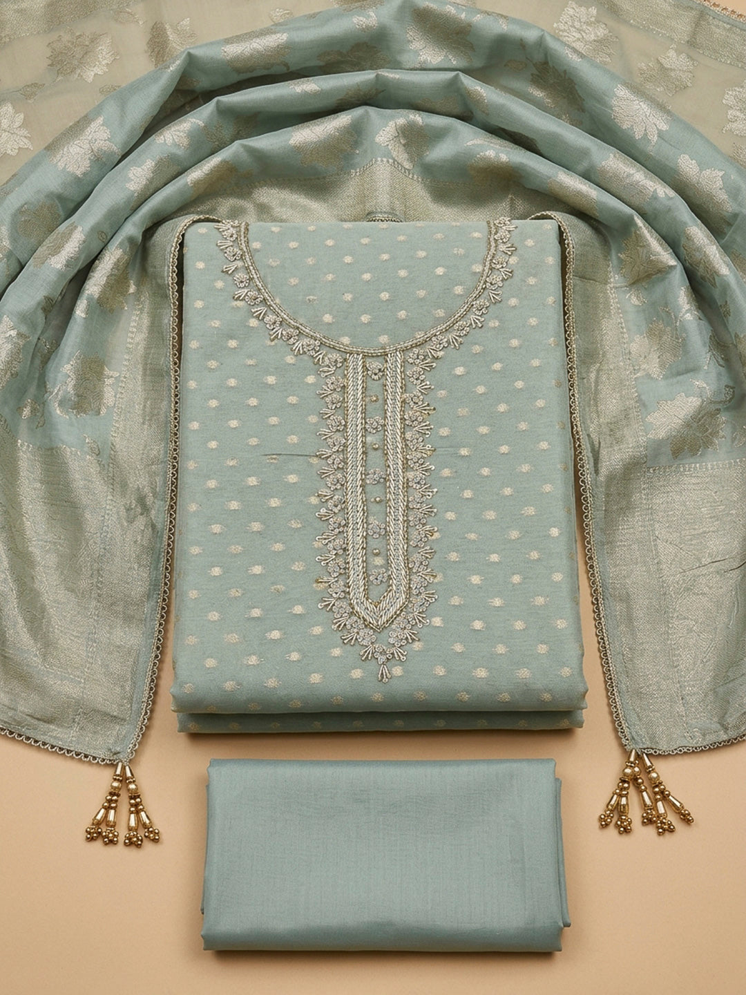 Aqua Embroidery Chanderi Unstitched Dress Material