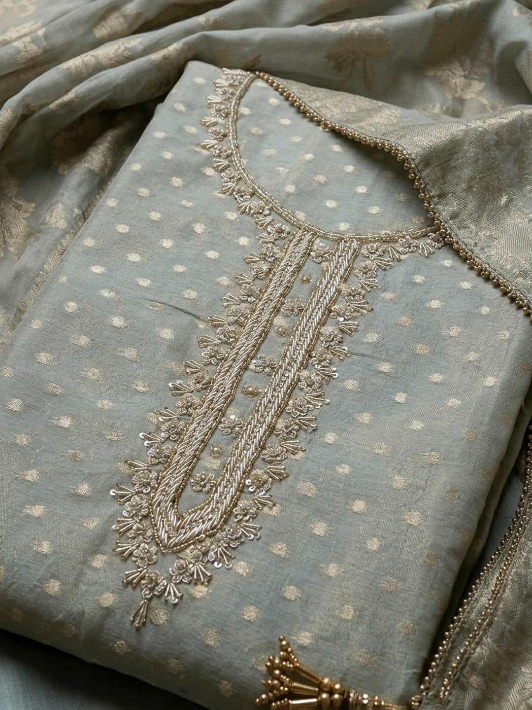 Aqua Embroidery Chanderi Unstitched Dress Material