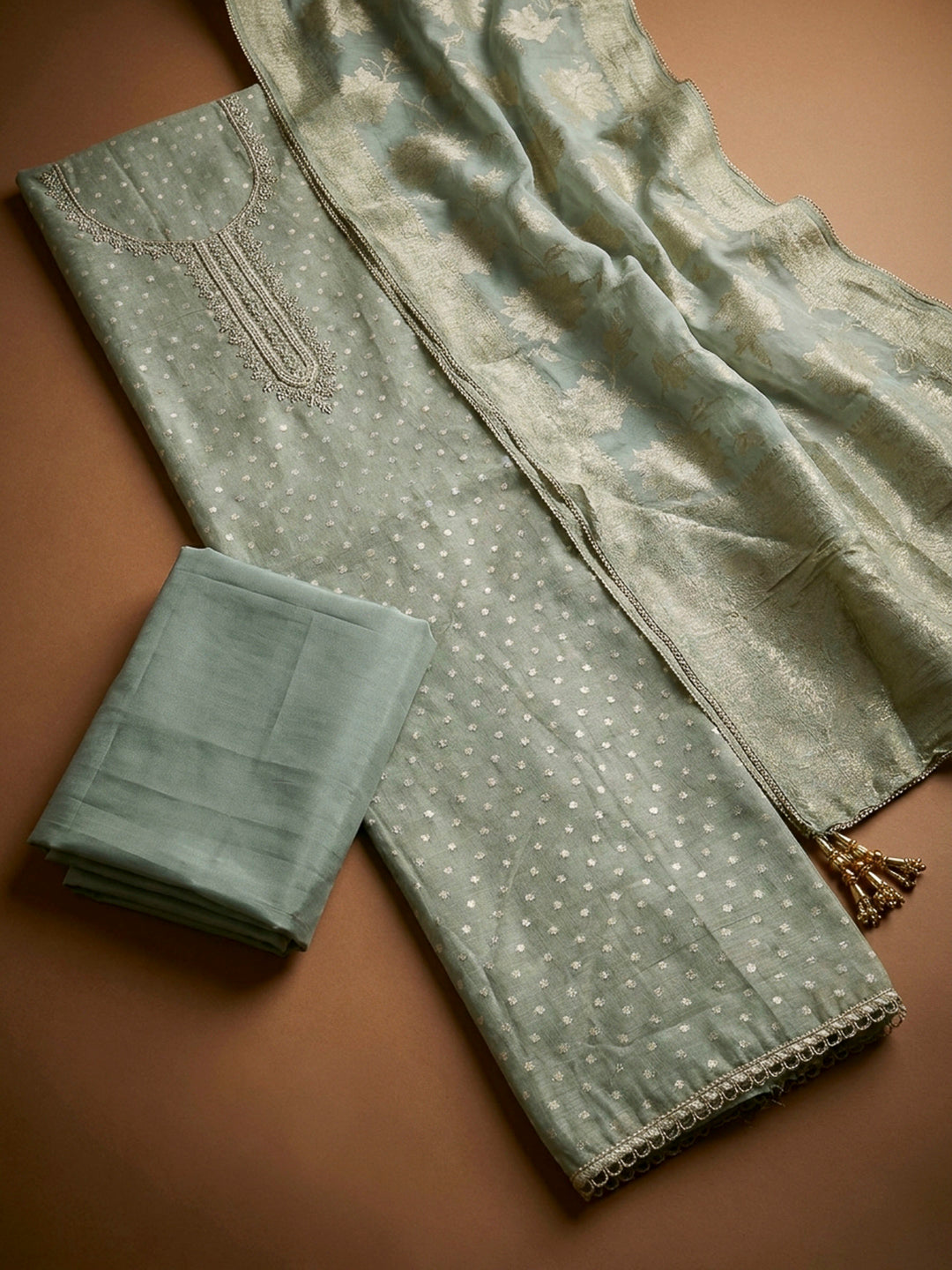 Aqua Embroidery Chanderi Unstitched Dress Material