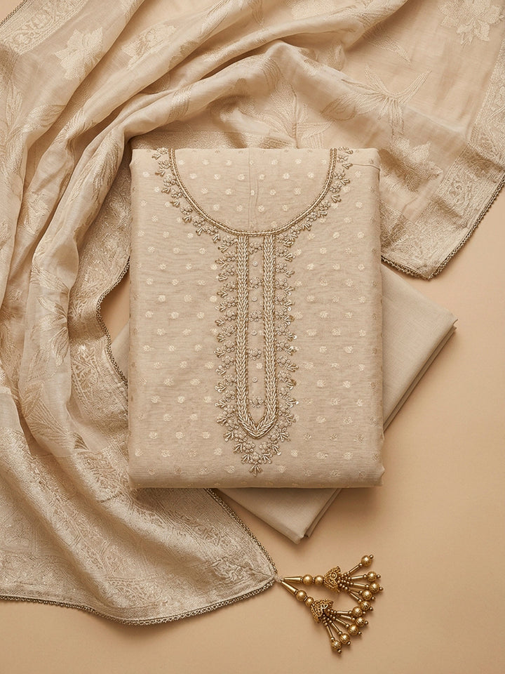 Off White Embroidery Chanderi Unstitched Dress Material