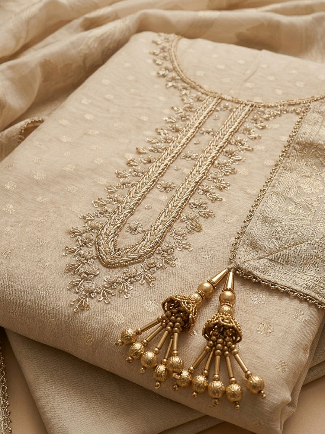 Off White Embroidery Chanderi Unstitched Dress Material
