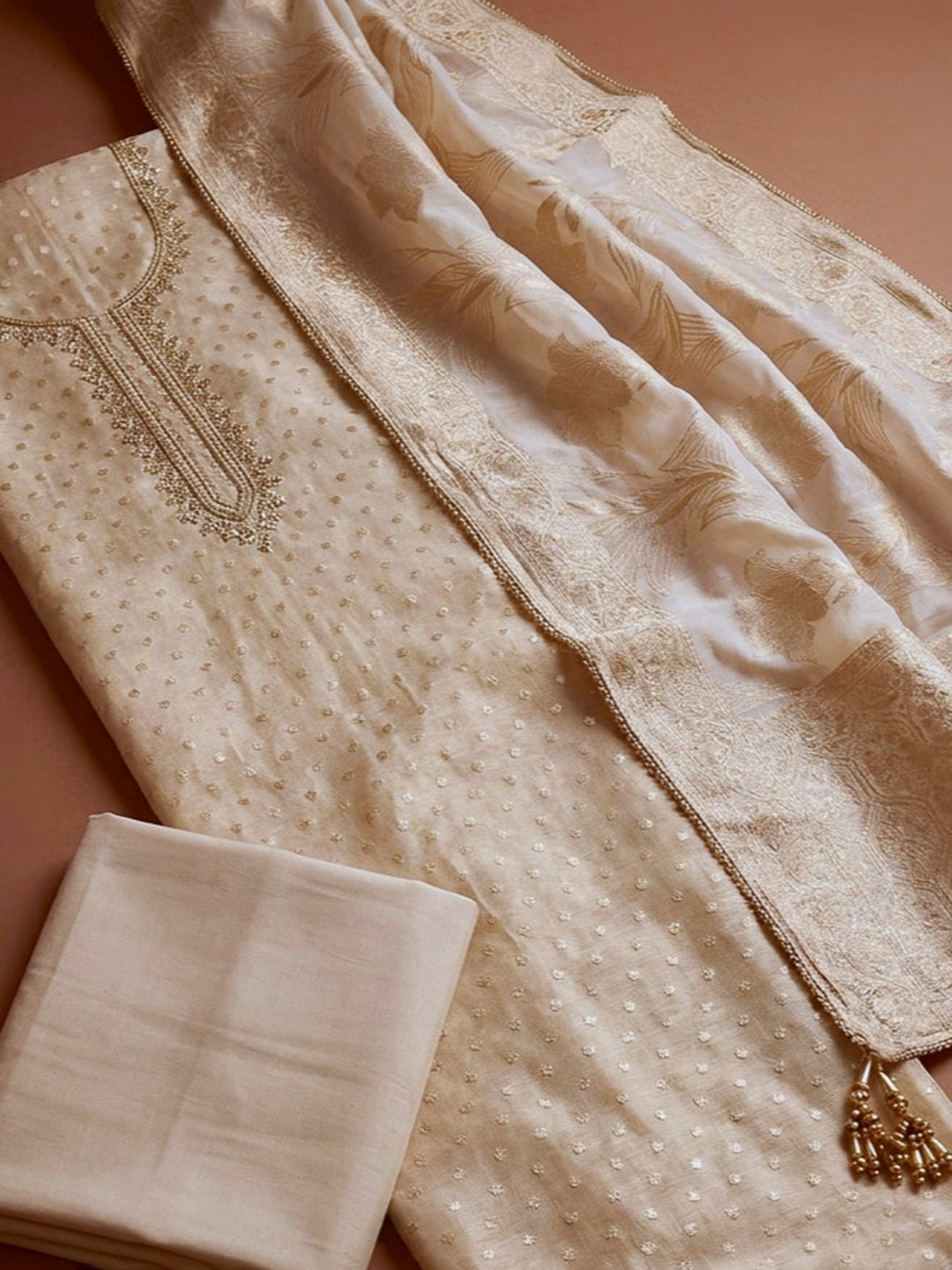 Off White Embroidery Chanderi Unstitched Dress Material