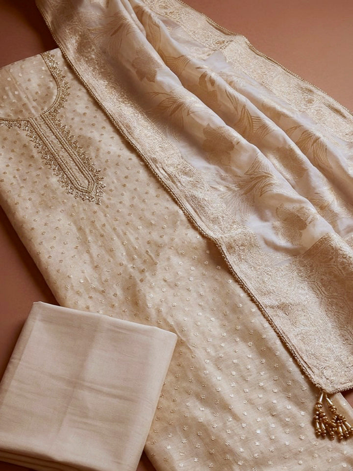 Off White Embroidery Chanderi Unstitched Dress Material