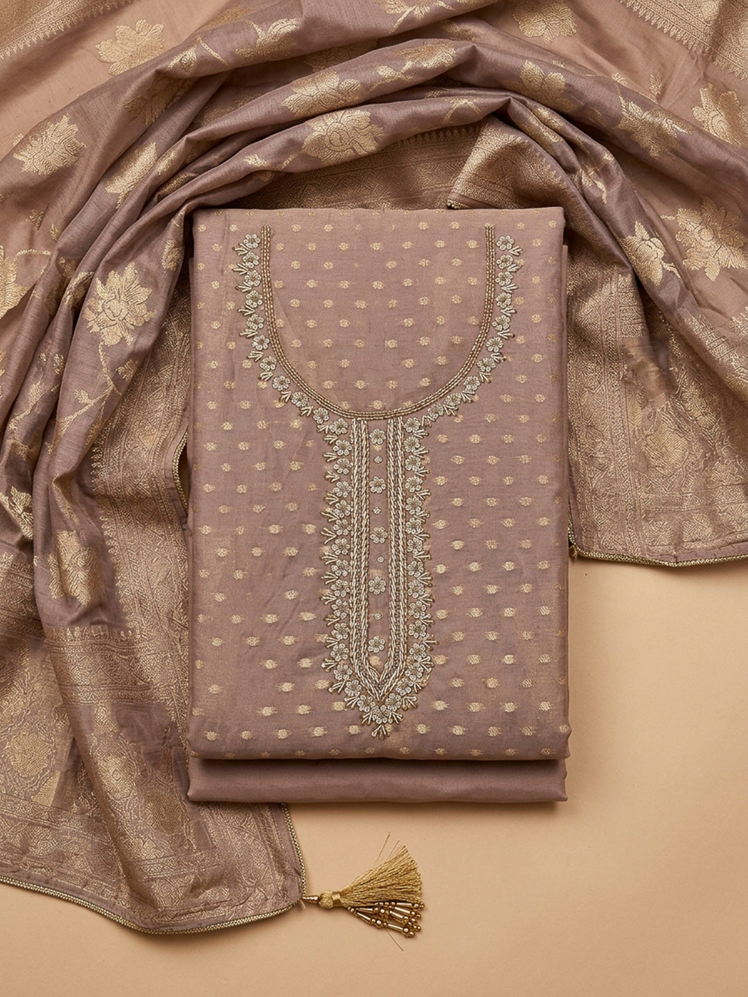 Onion Pink Embroidery Chanderi Unstitched Dress Material