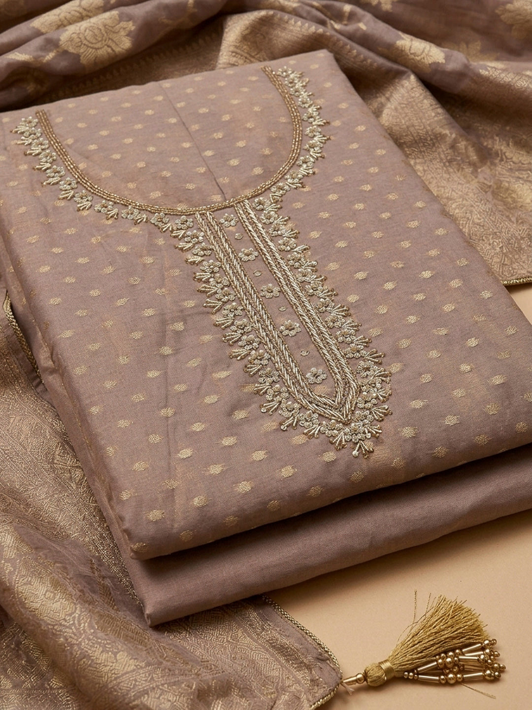 Onion Pink Embroidery Chanderi Unstitched Dress Material