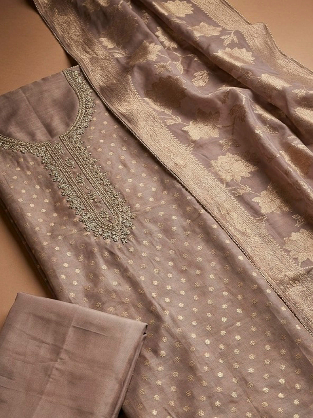Onion Pink Embroidery Chanderi Unstitched Dress Material