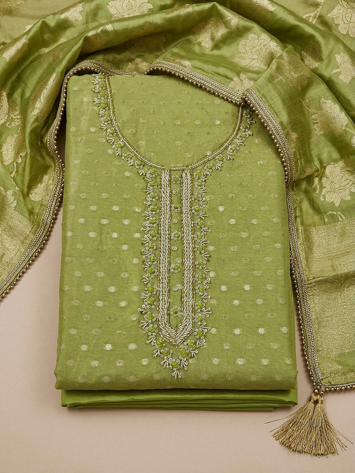 Pista Green Embroidery Chanderi Unstitched Dress Material
