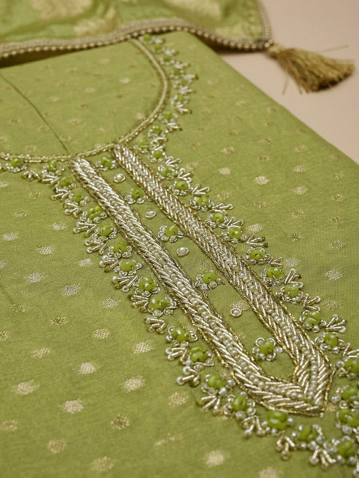 Pista Green Embroidery Chanderi Unstitched Dress Material