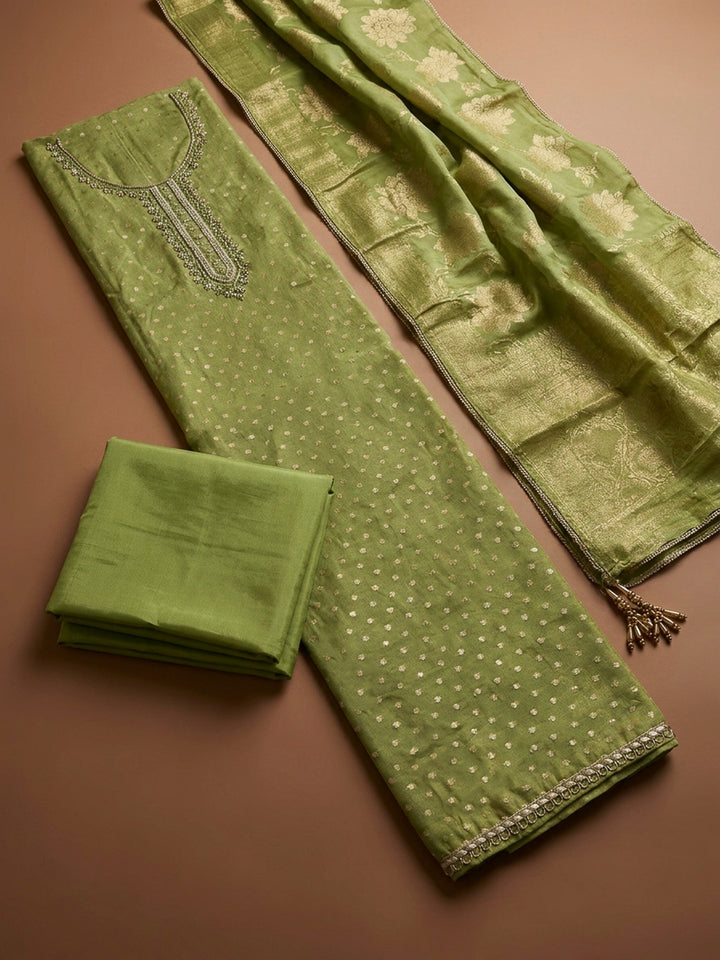 Pista Green Embroidery Chanderi Unstitched Dress Material
