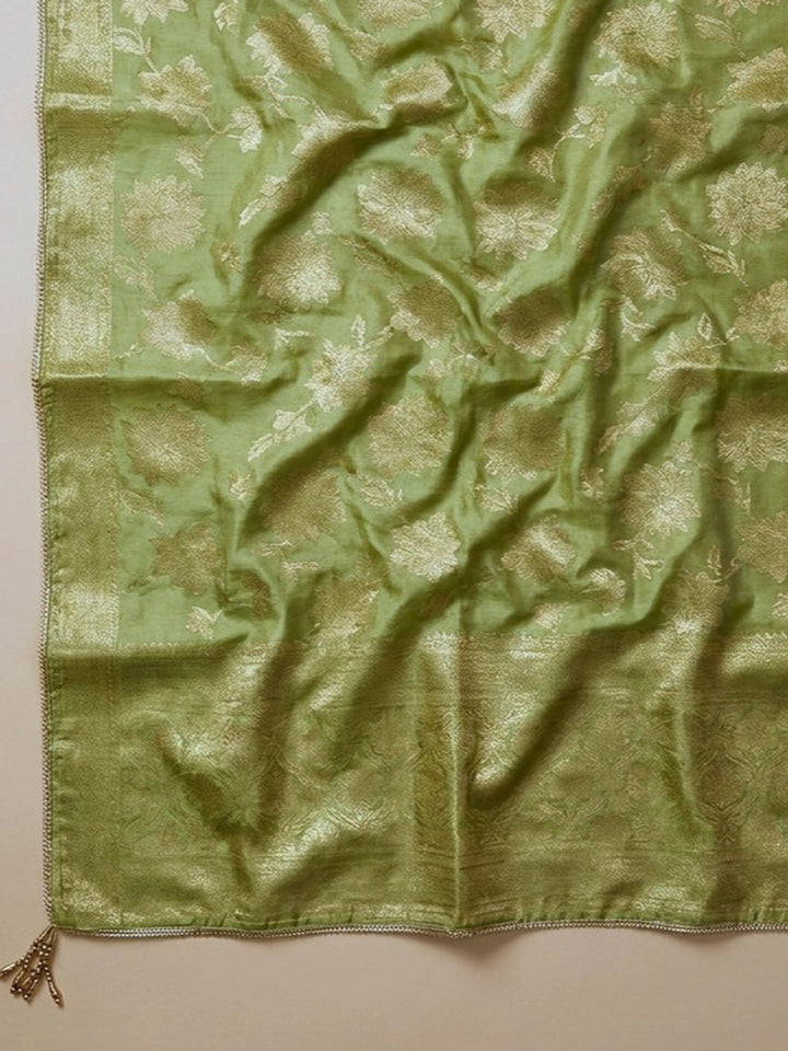 Pista Green Embroidery Chanderi Unstitched Dress Material