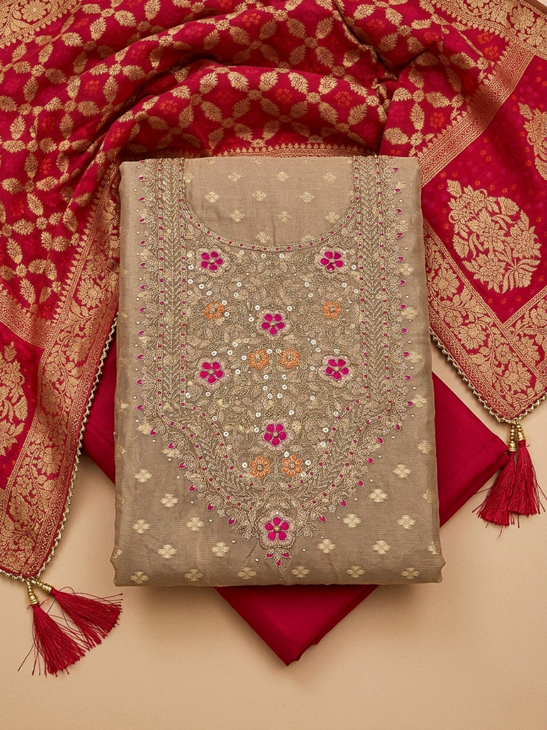 Mouse Embroidery Chanderi Unstitched Dress Material