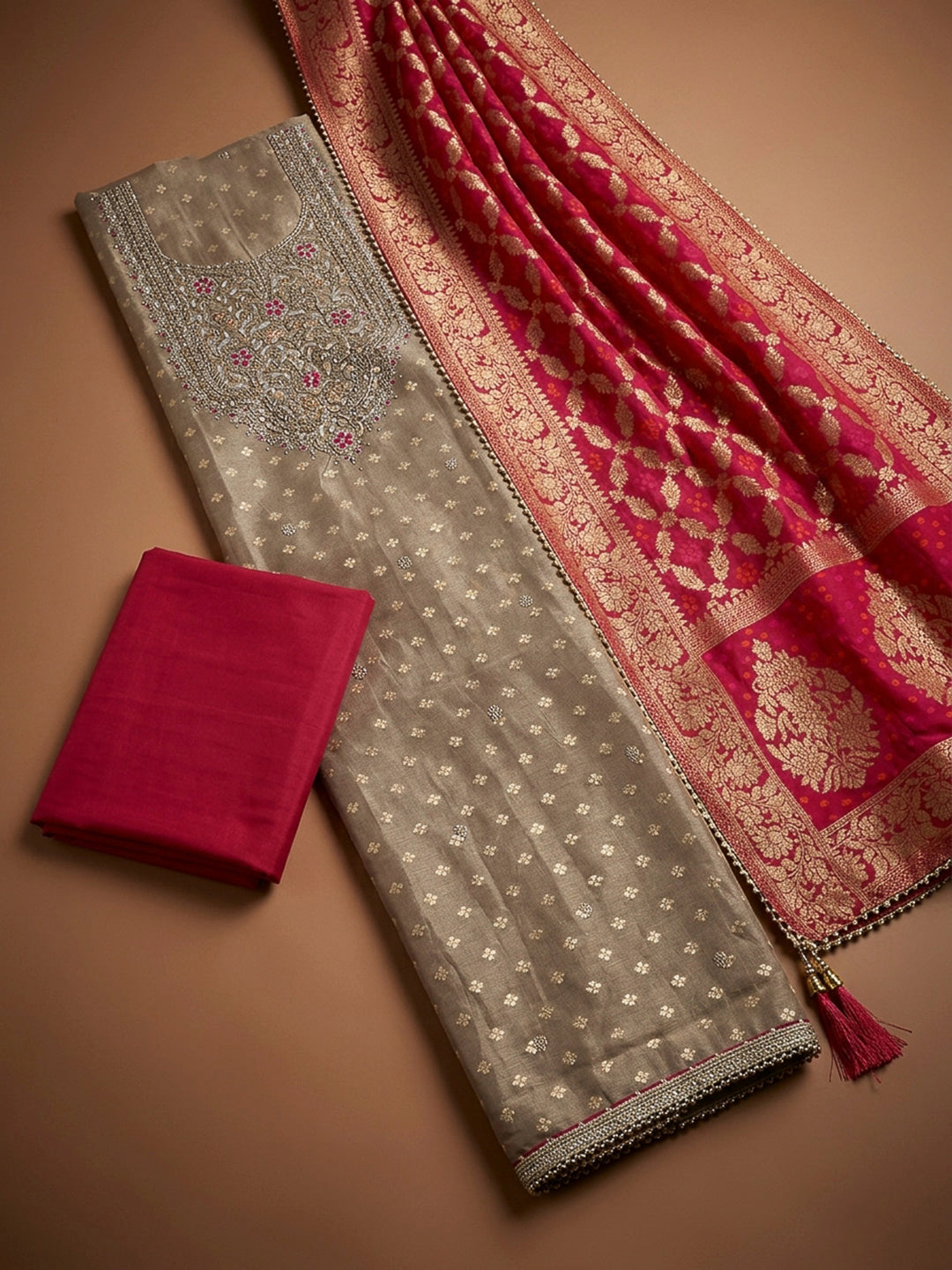 Mouse Embroidery Chanderi Unstitched Dress Material