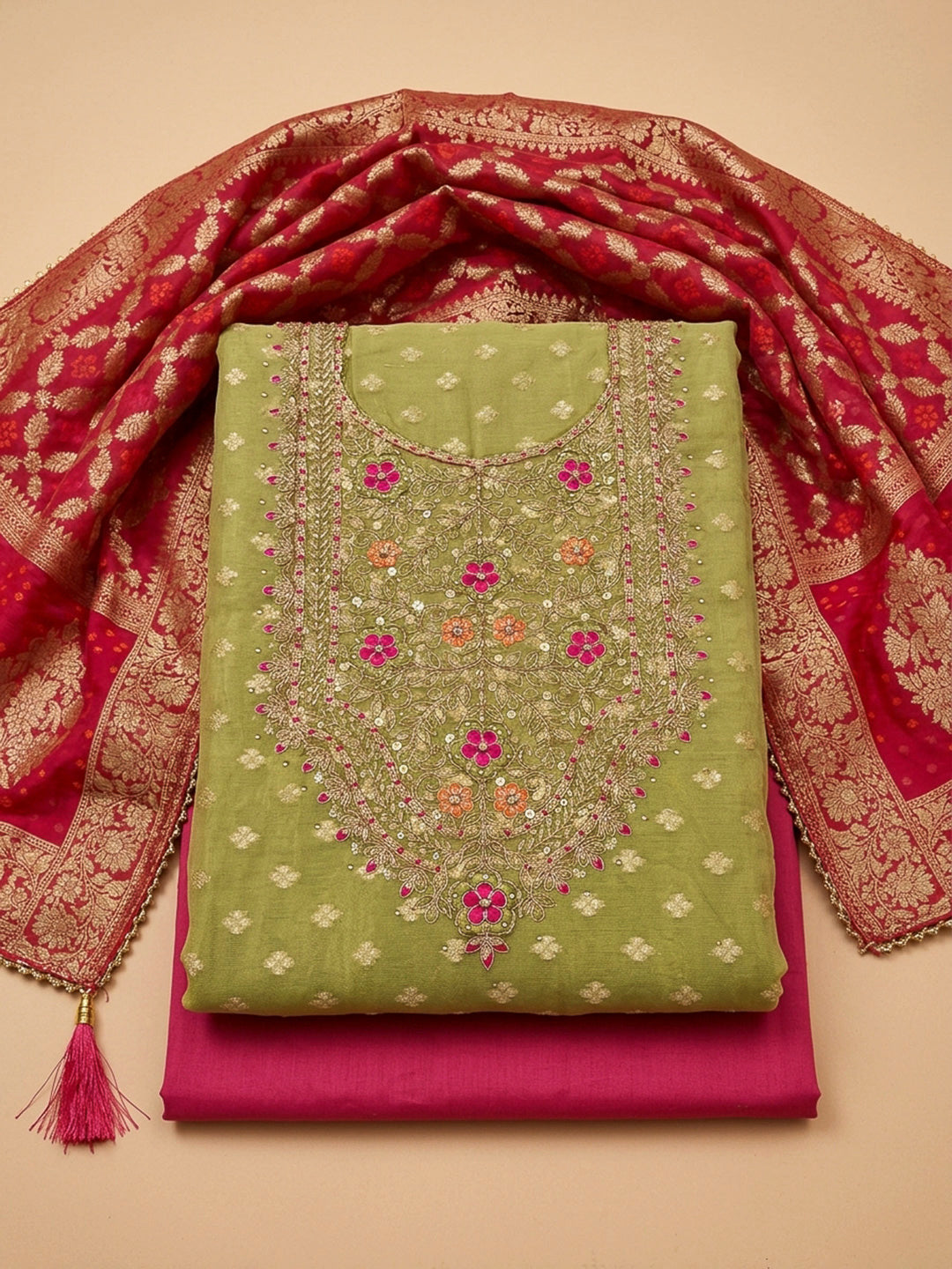 Pista Green Embroidery Chanderi Unstitched Dress Material