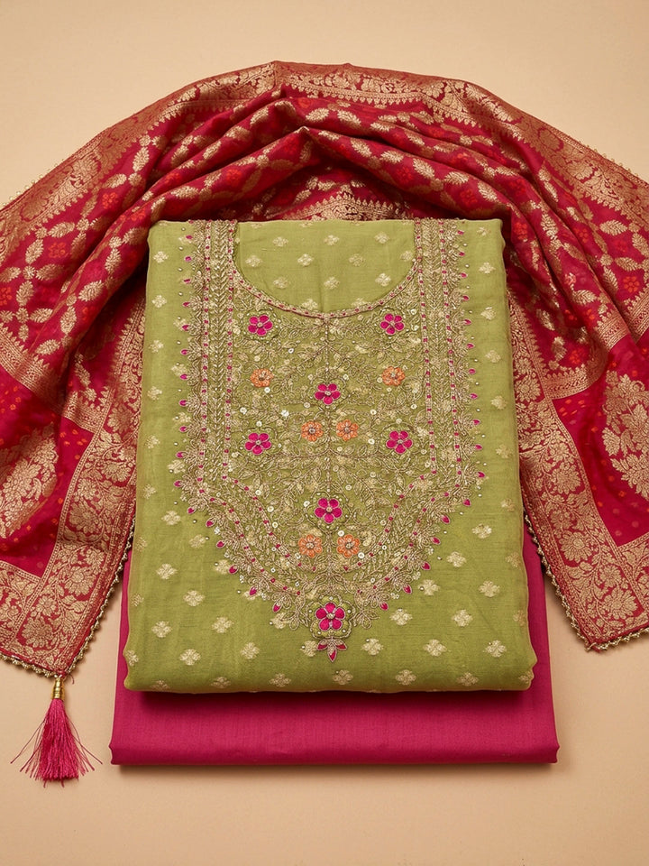Pista Green Embroidery Chanderi Unstitched Dress Material