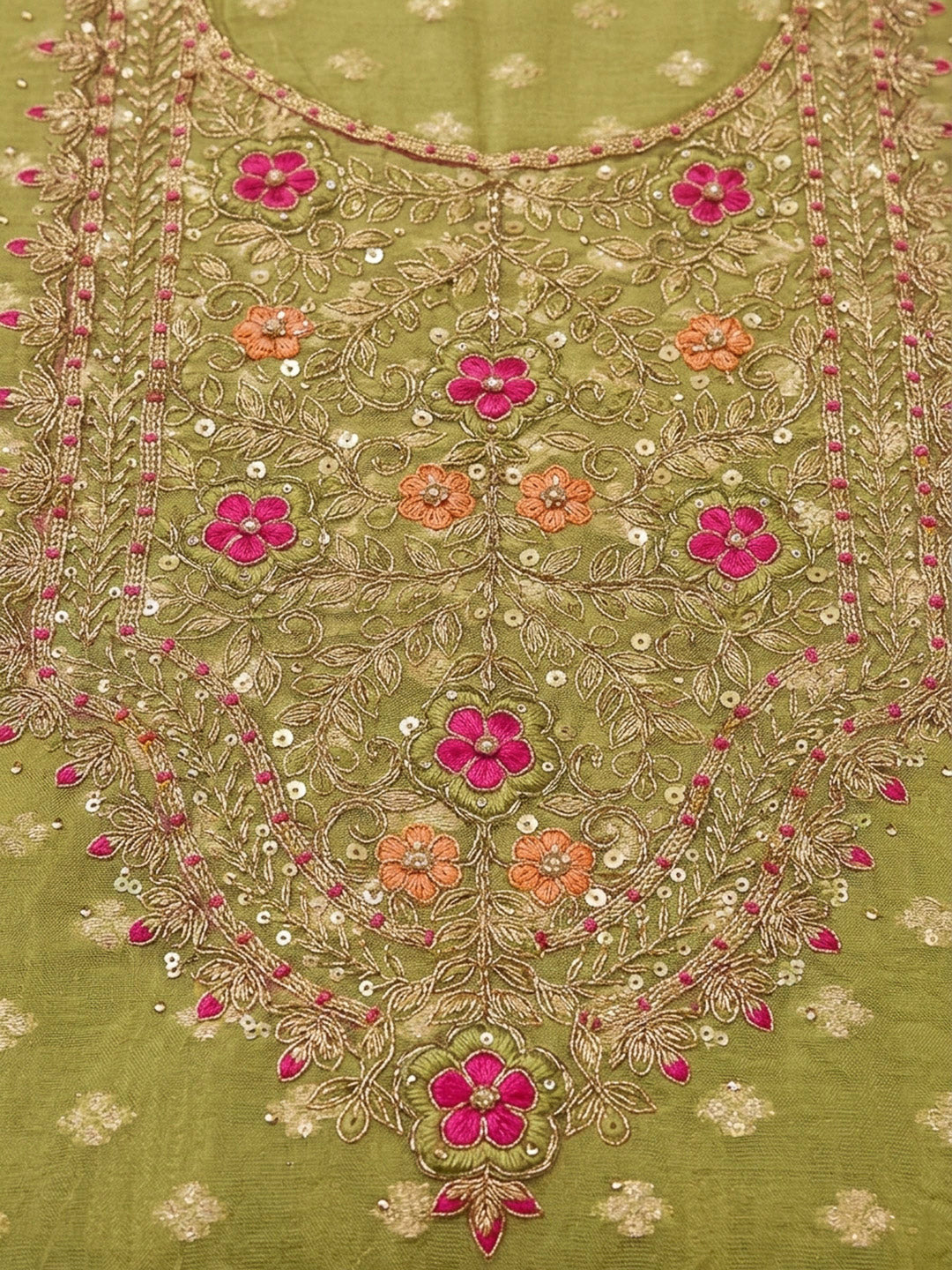 Pista Green Embroidery Chanderi Unstitched Dress Material