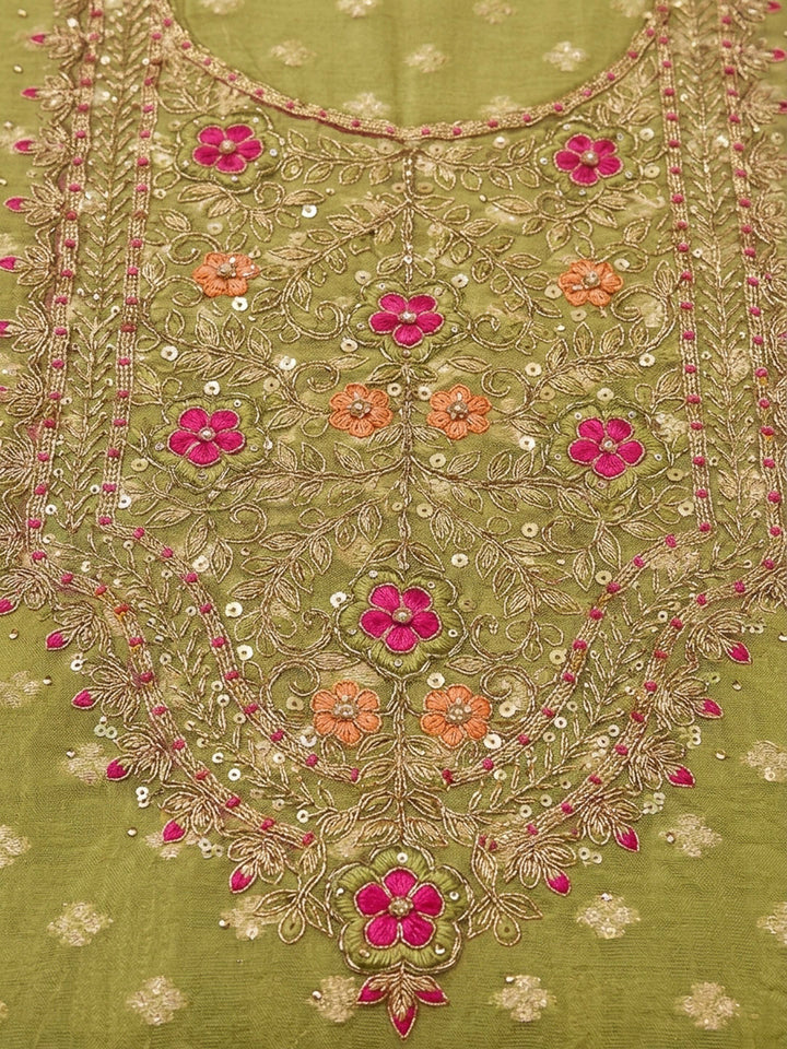 Pista Green Embroidery Chanderi Unstitched Dress Material