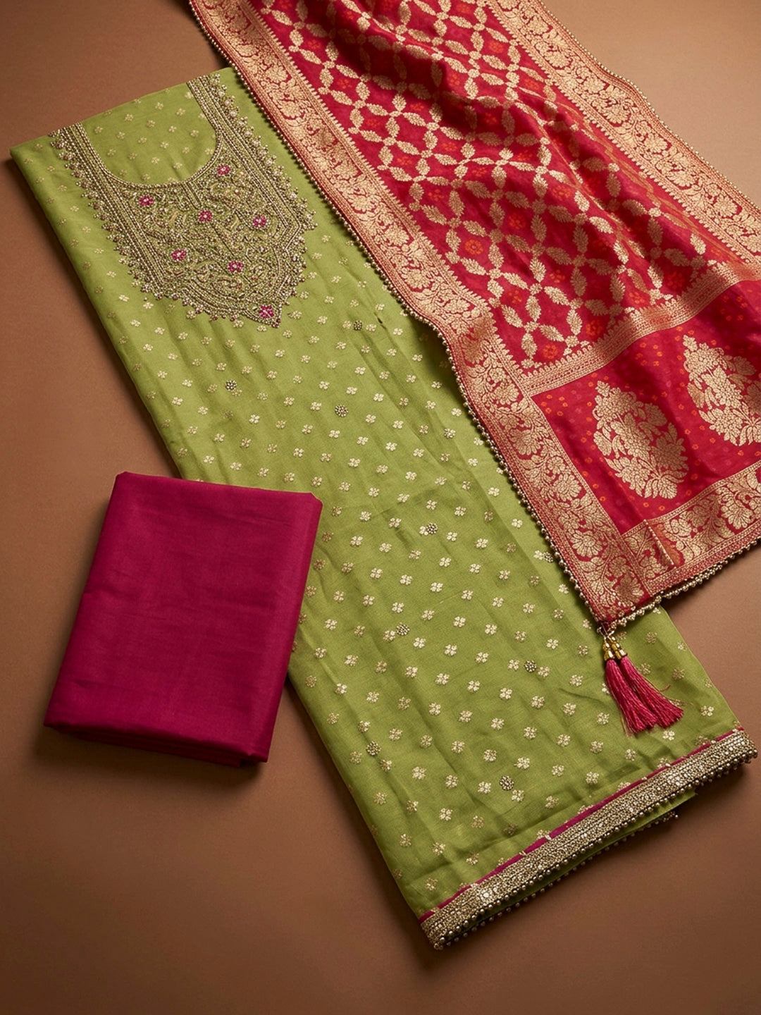 Pista Green Embroidery Chanderi Unstitched Dress Material