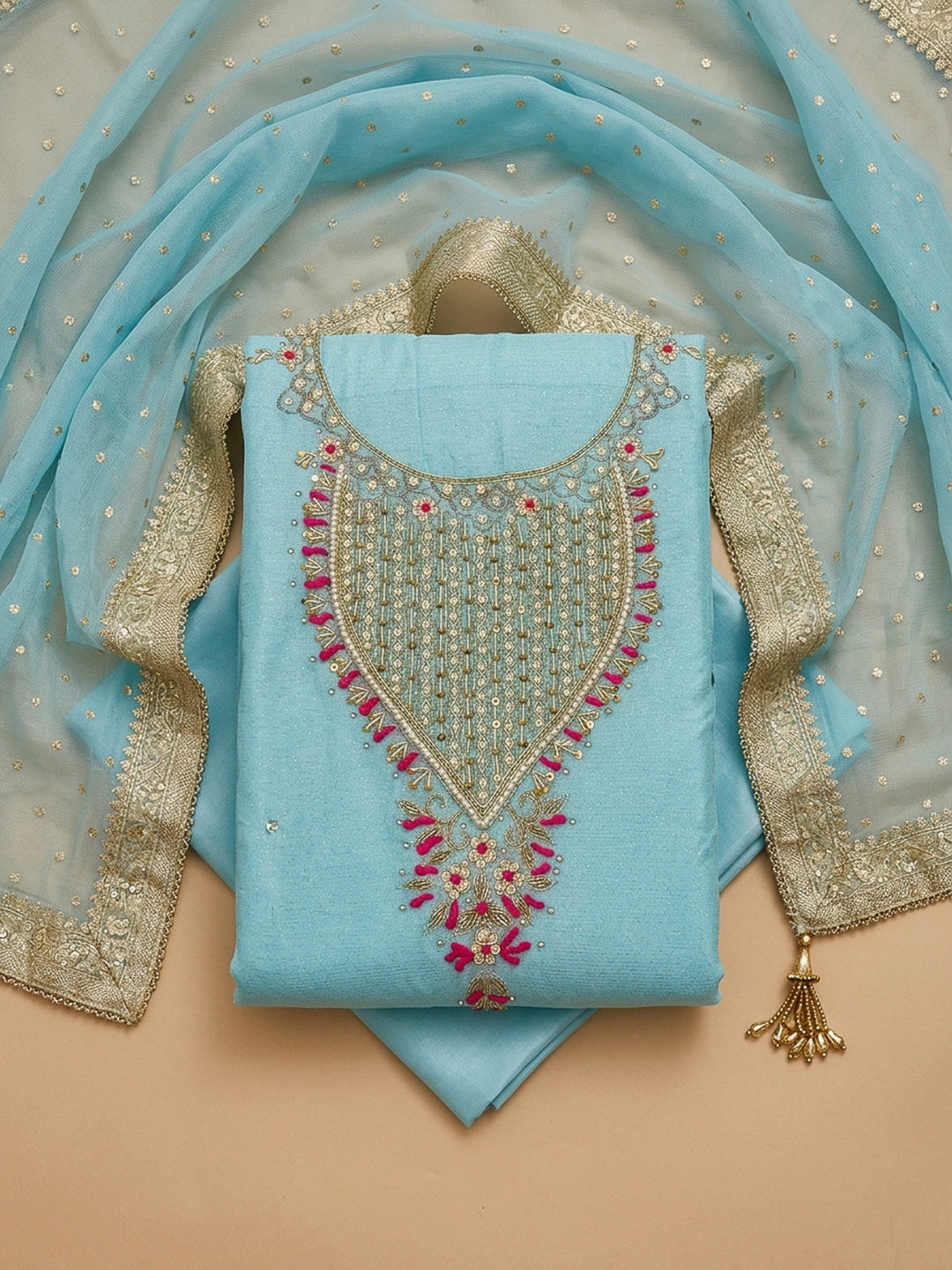 Firozee Embroidery Chanderi Unstitched Dress Material