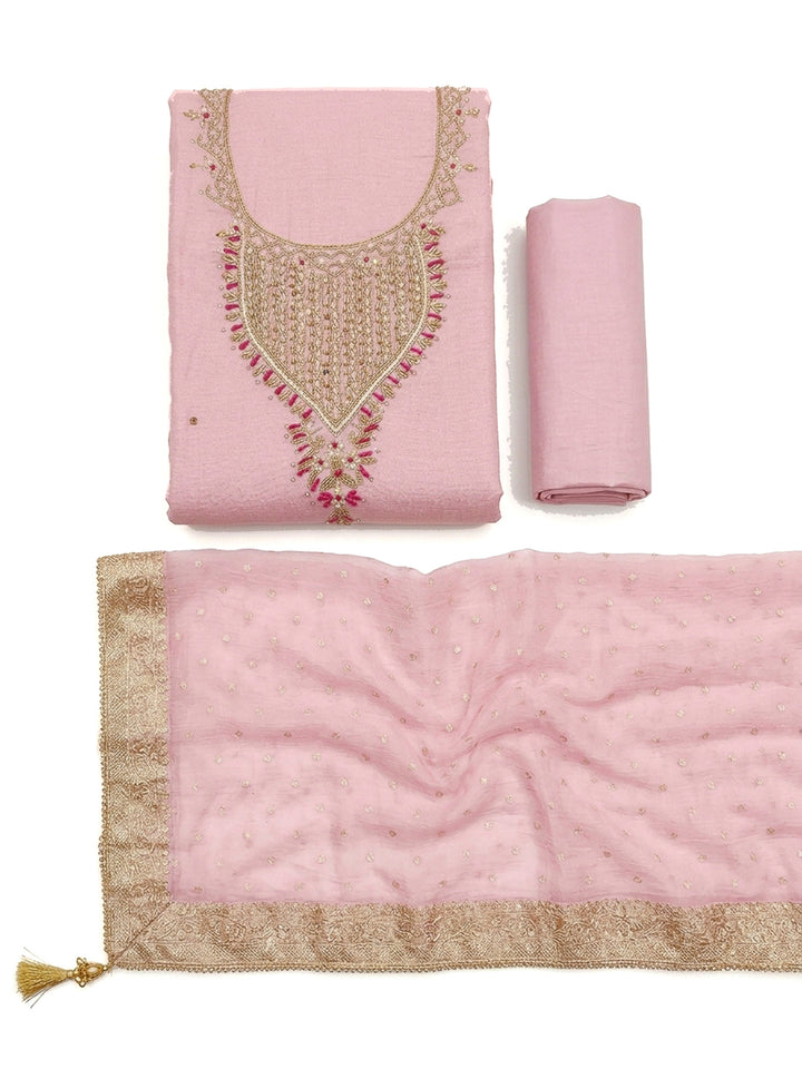 Pink Embroidery Chanderi Unstitched Dress Material