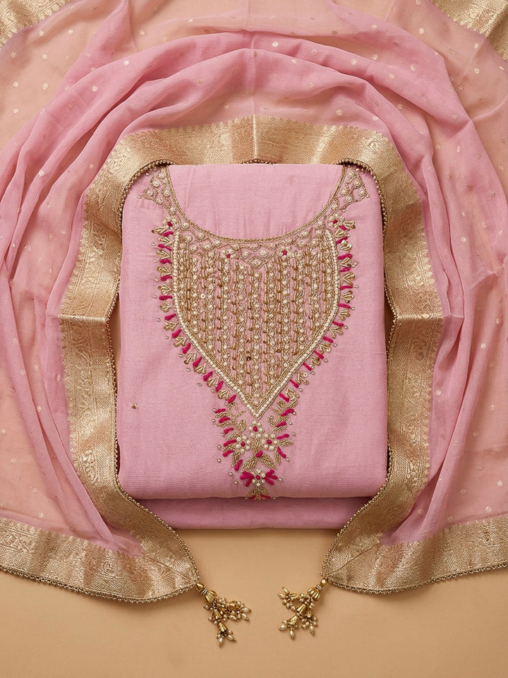Pink Embroidery Chanderi Unstitched Dress Material