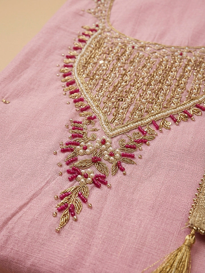 Pink Embroidery Chanderi Unstitched Dress Material