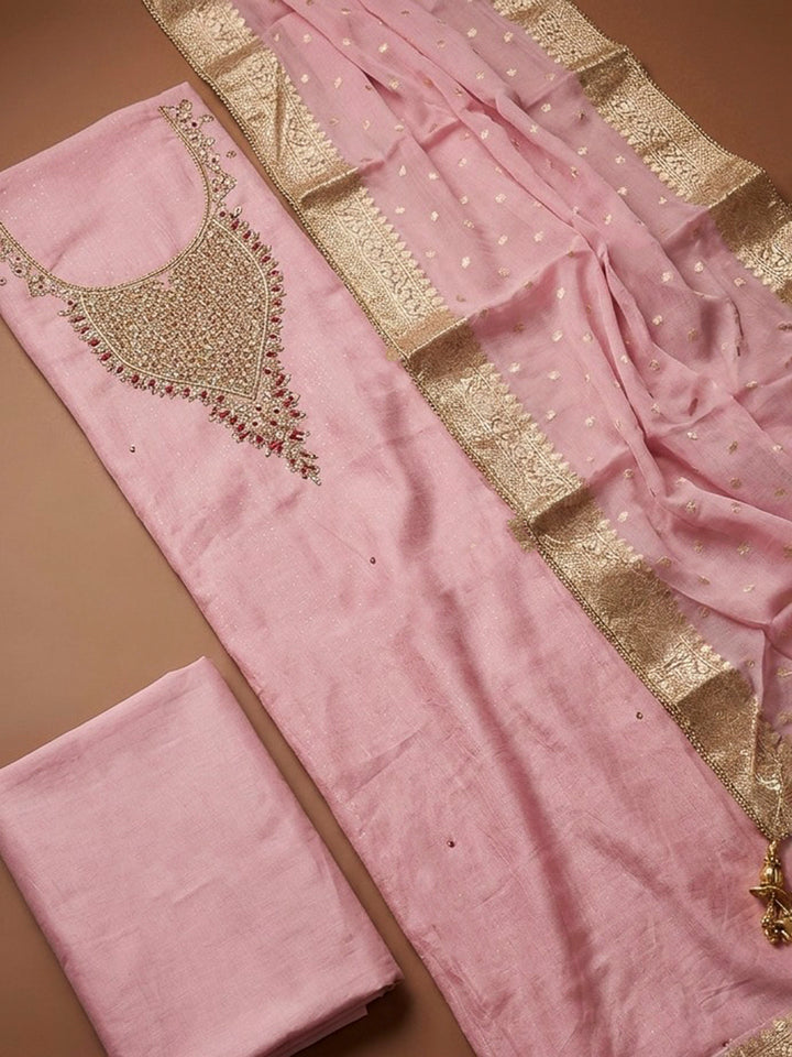 Pink Embroidery Chanderi Unstitched Dress Material