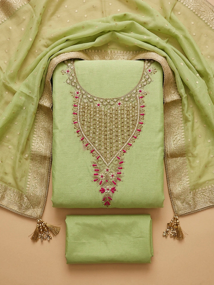 Pista Green Embroidery Chanderi Unstitched Dress Material