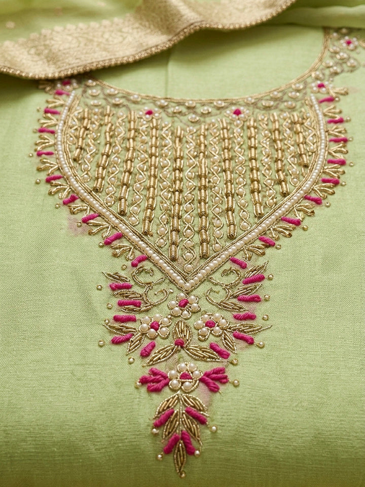 Pista Green Embroidery Chanderi Unstitched Dress Material