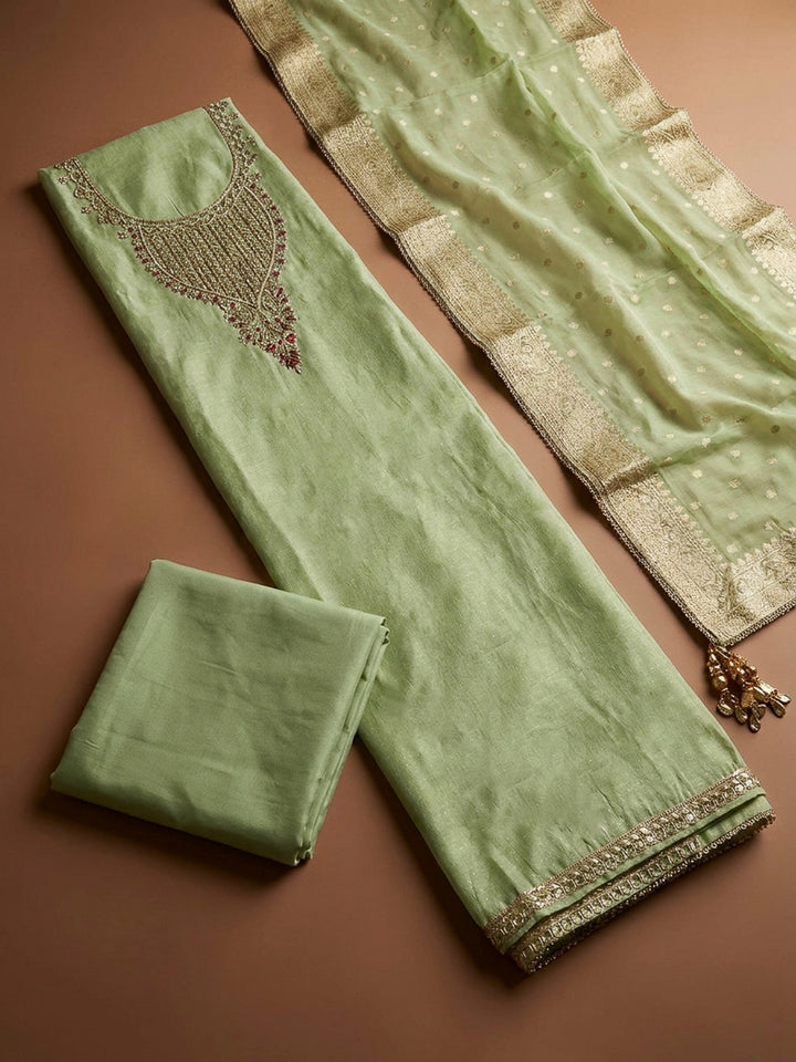 Pista Green Embroidery Chanderi Unstitched Dress Material