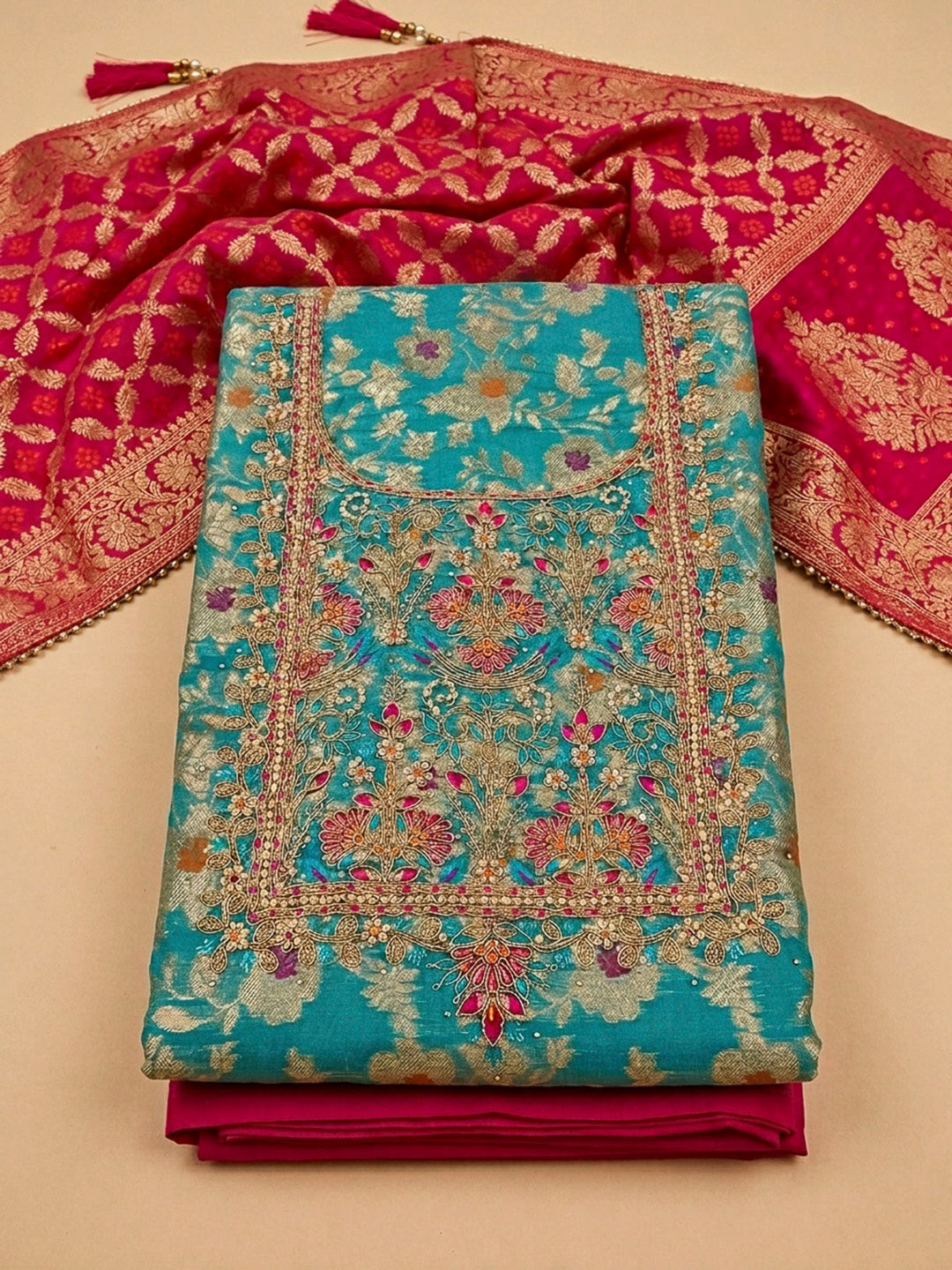 Firozee Embroidery Chanderi Unstitched Dress Material