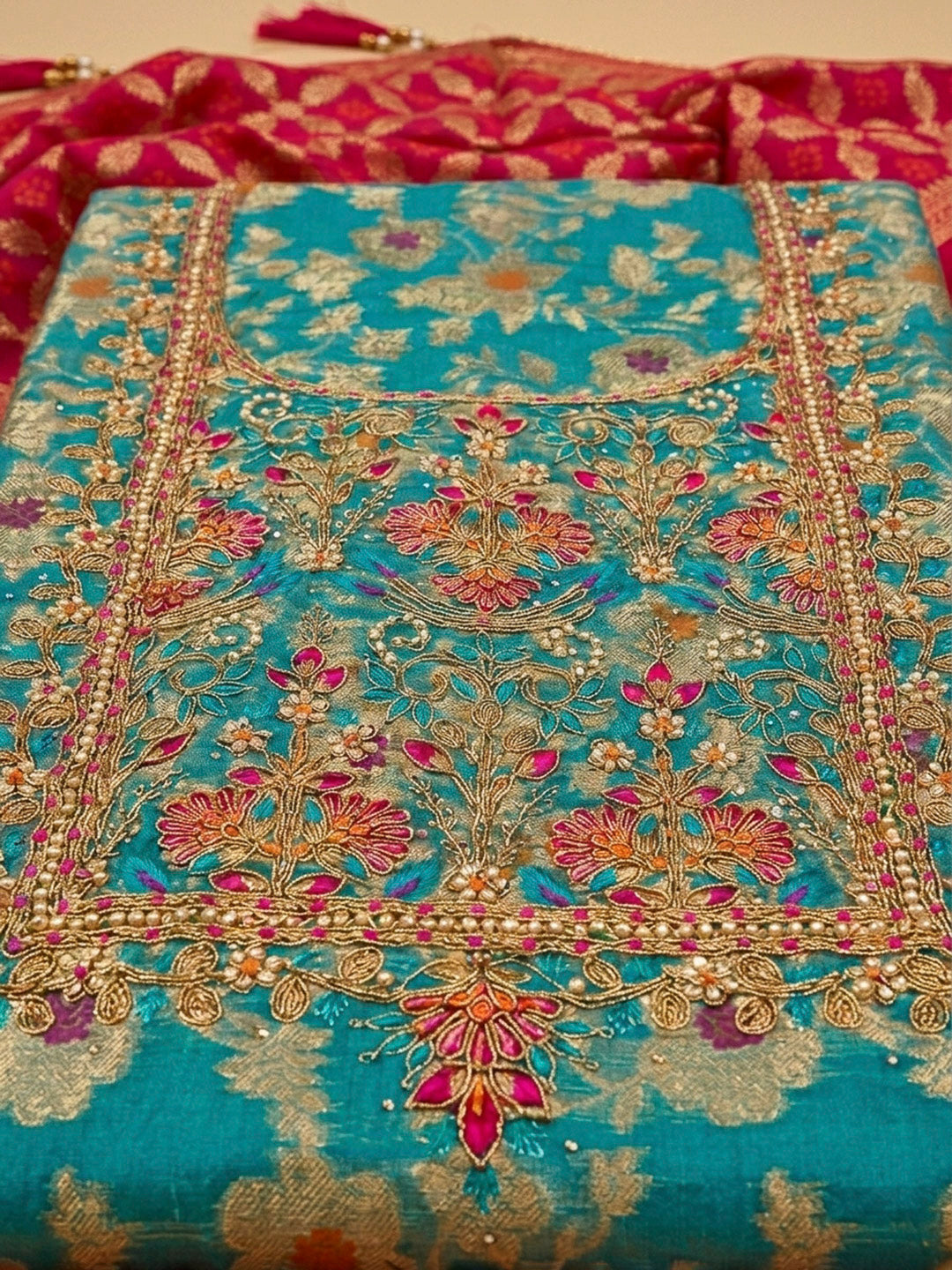 Firozee Embroidery Chanderi Unstitched Dress Material