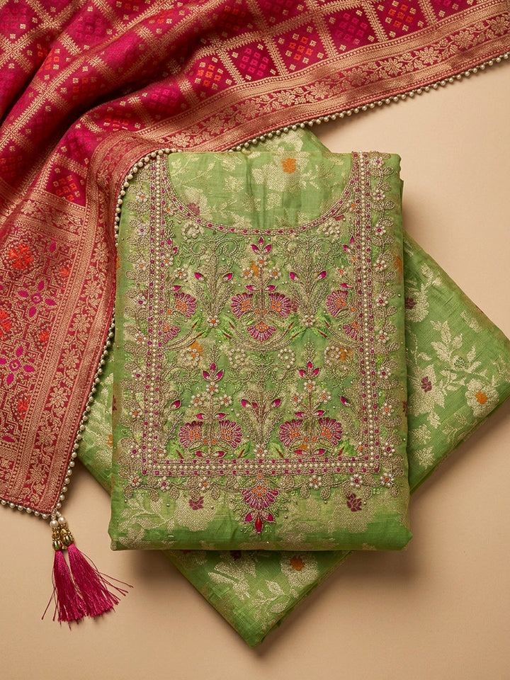 Mehndi Embroidery Chanderi Unstitched Dress Material