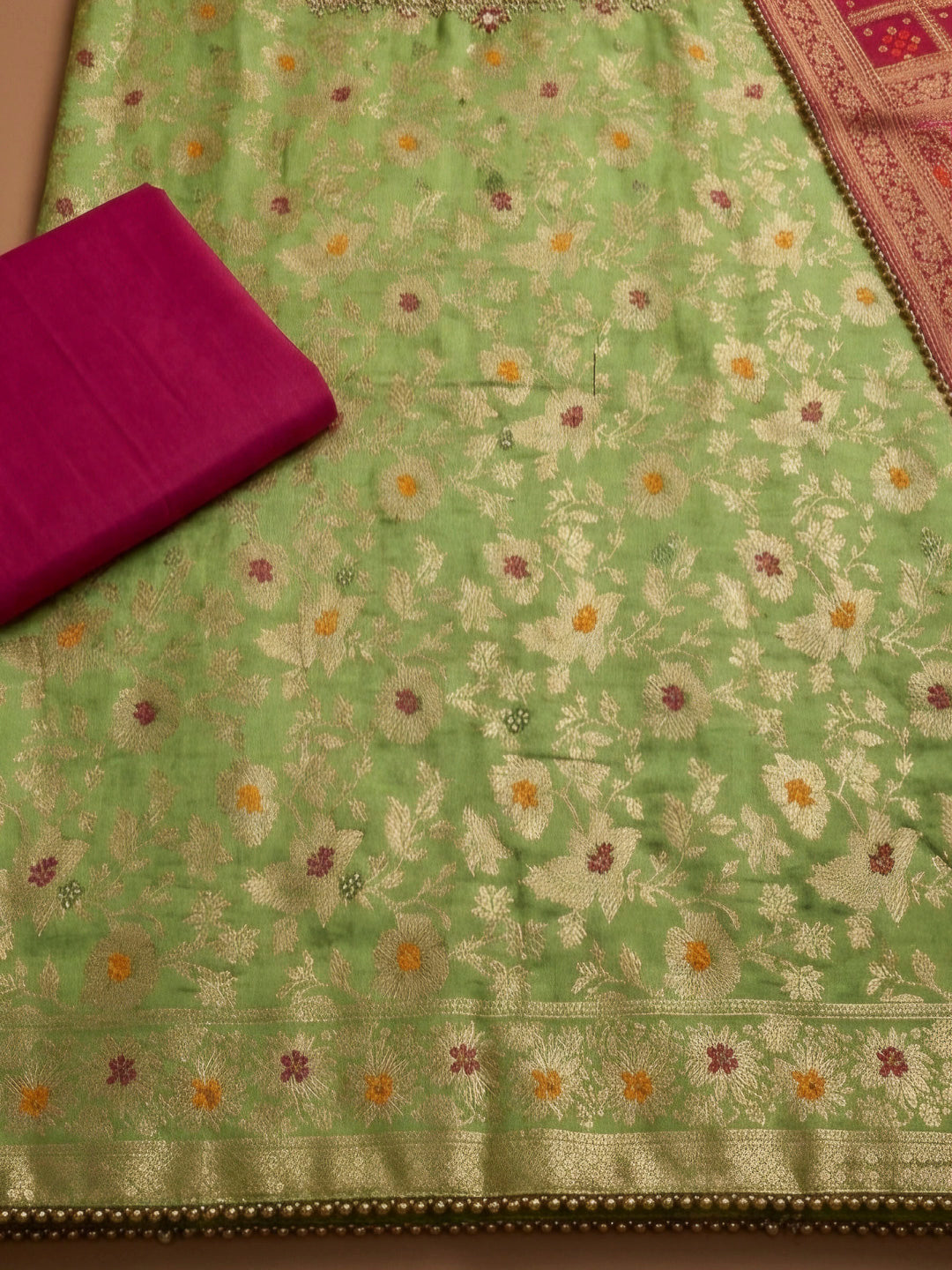 Mehndi Embroidery Chanderi Unstitched Dress Material