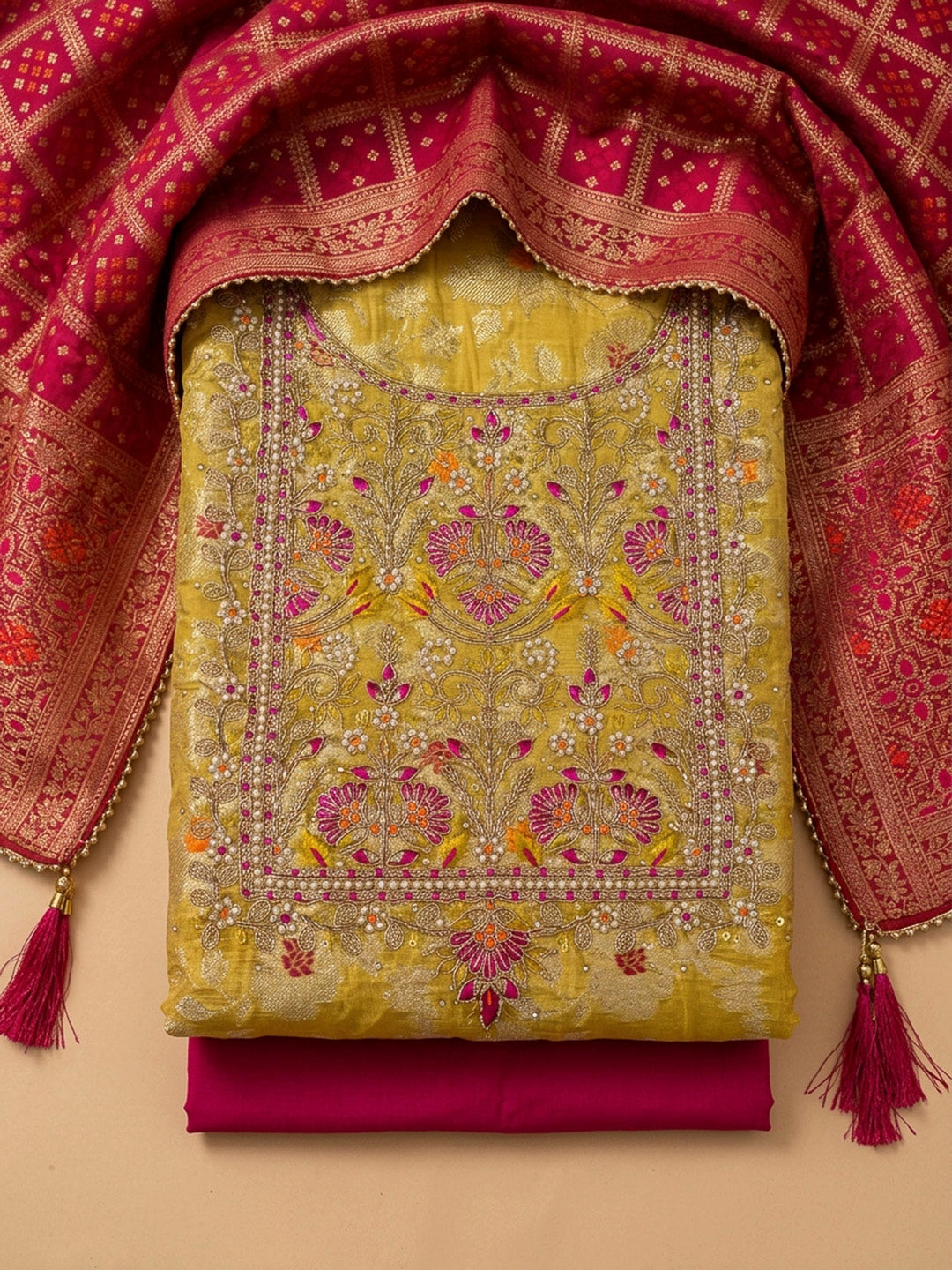 Mustard Embroidery Chanderi Unstitched Dress Material