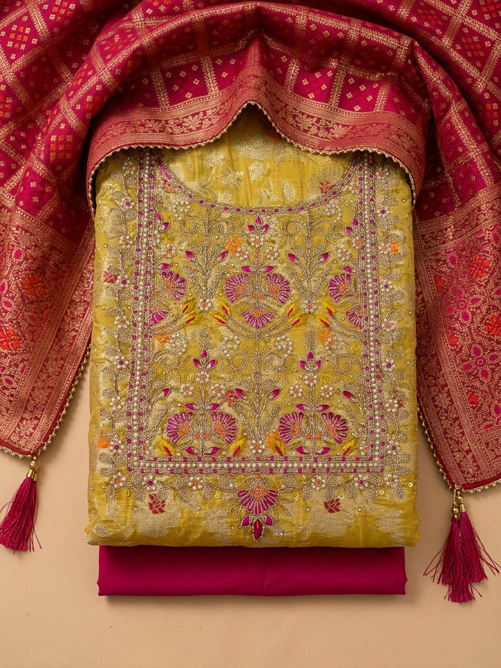 Mustard Embroidery Chanderi Unstitched Dress Material