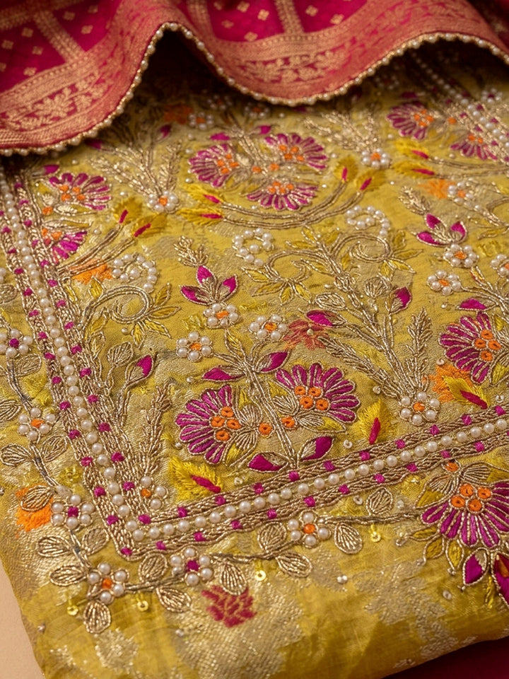 Mustard Embroidery Chanderi Unstitched Dress Material