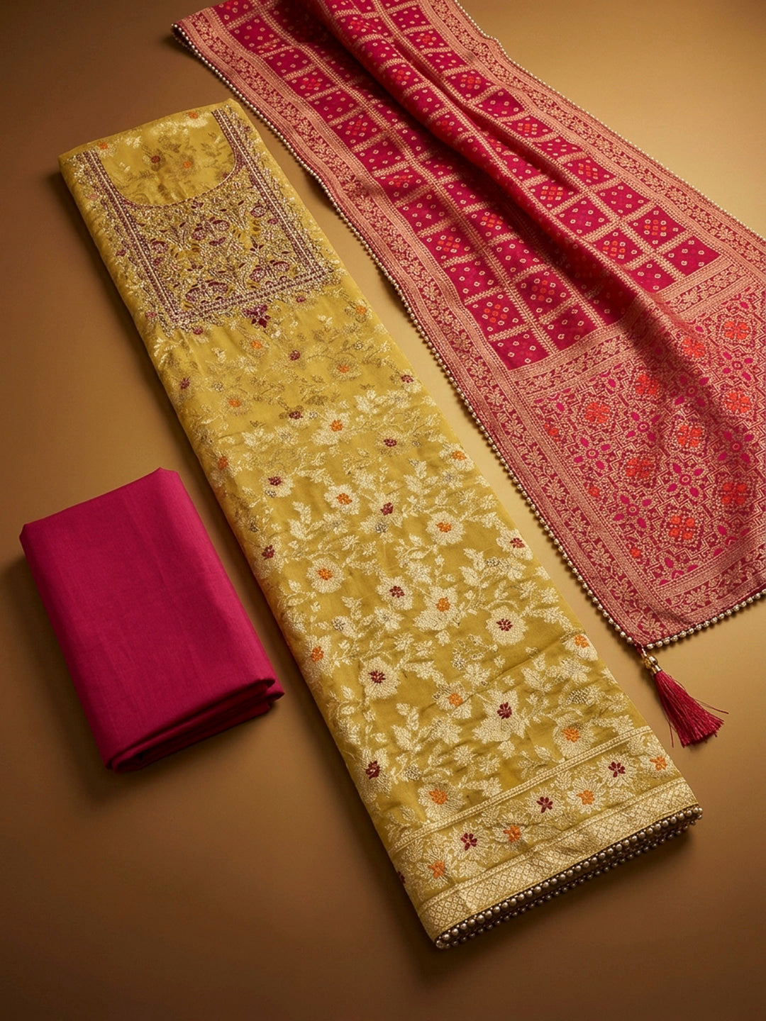 Mustard Embroidery Chanderi Unstitched Dress Material