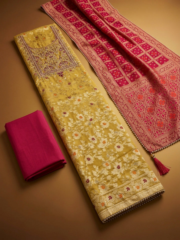 Mustard Embroidery Chanderi Unstitched Dress Material