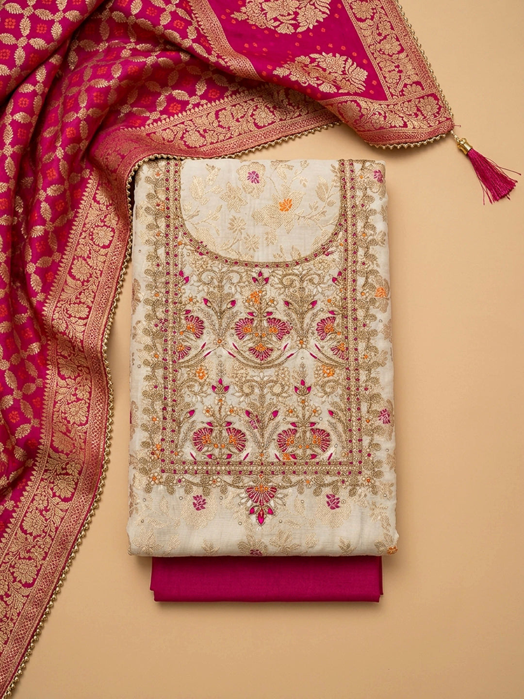 Off White Embroidery Chanderi Unstitched Dress Material