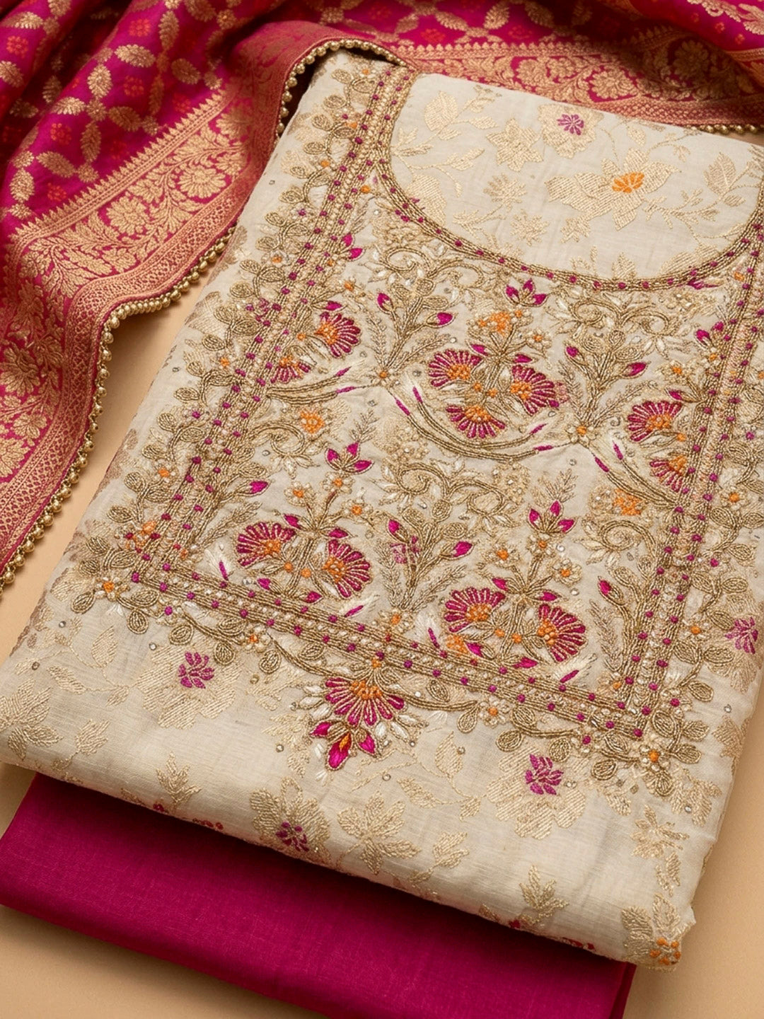 Off White Embroidery Chanderi Unstitched Dress Material