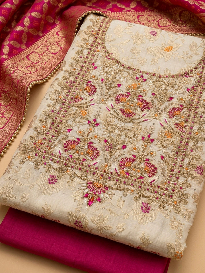 Off White Embroidery Chanderi Unstitched Dress Material