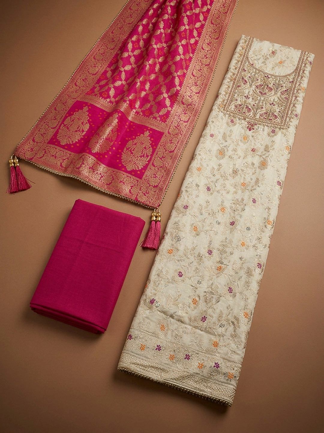 Off White Embroidery Chanderi Unstitched Dress Material
