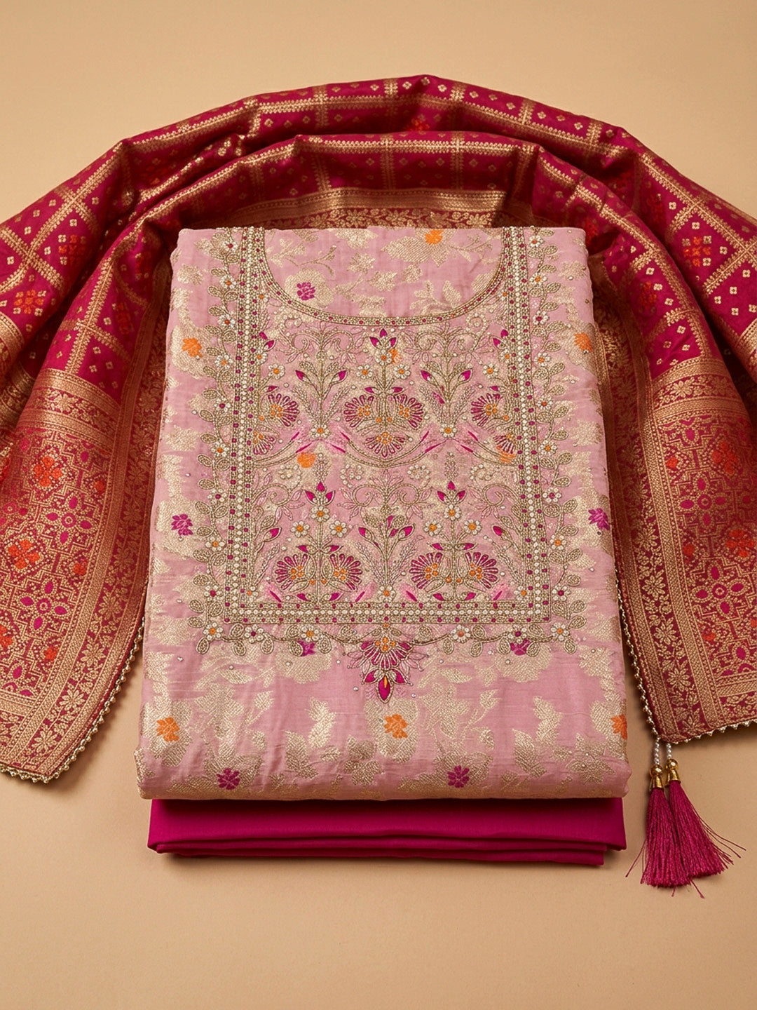 Peach Embroidery Chanderi Unstitched Dress Material